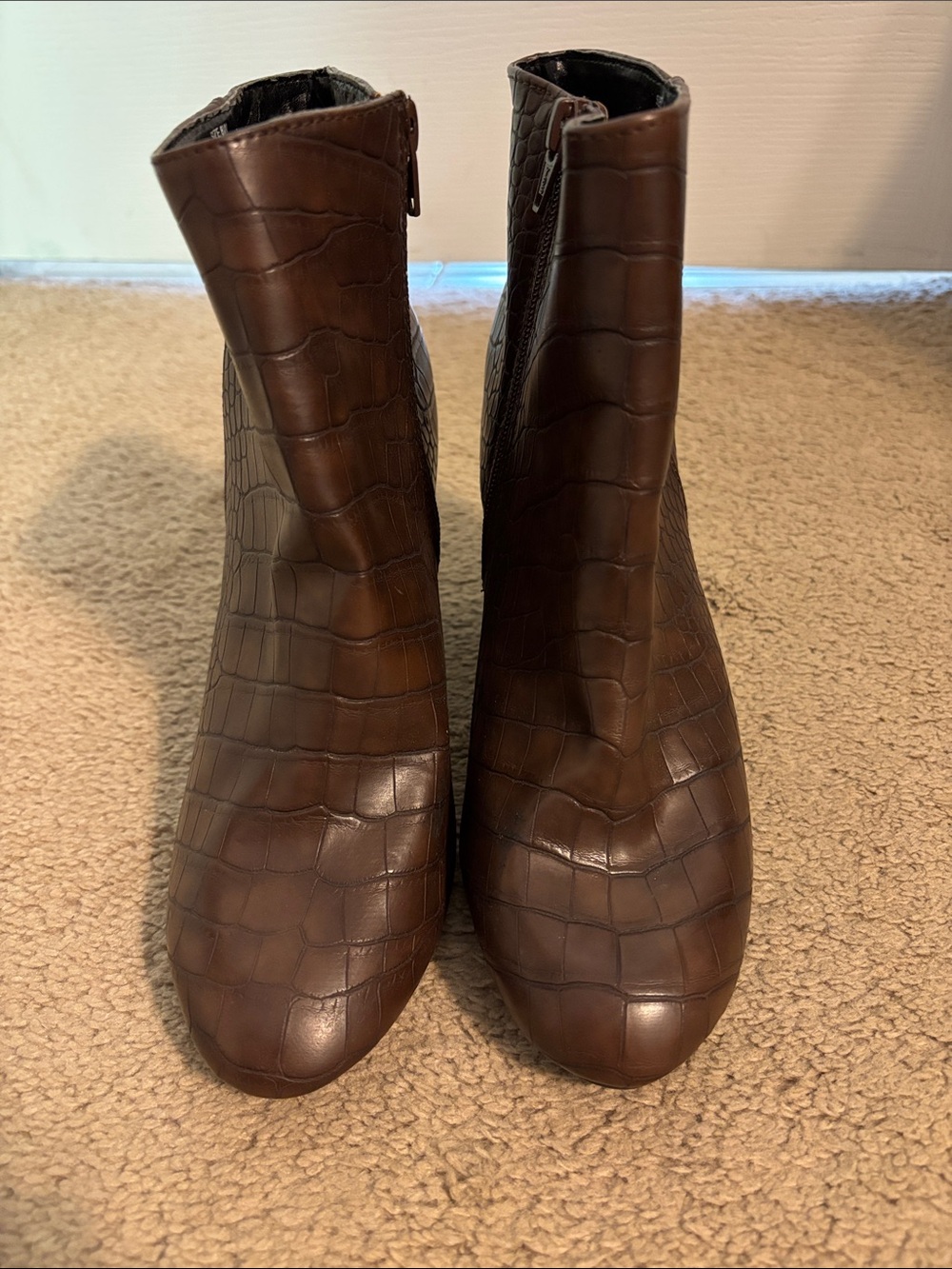 Croc-Embossed Brown Women's Heeled Ankle Boots